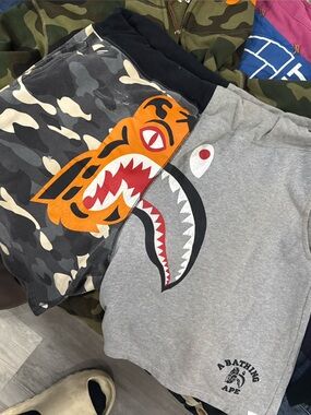 Bape Men's Camo Shark Tiger Graphic Athletic Shorts - Gray & Orange
